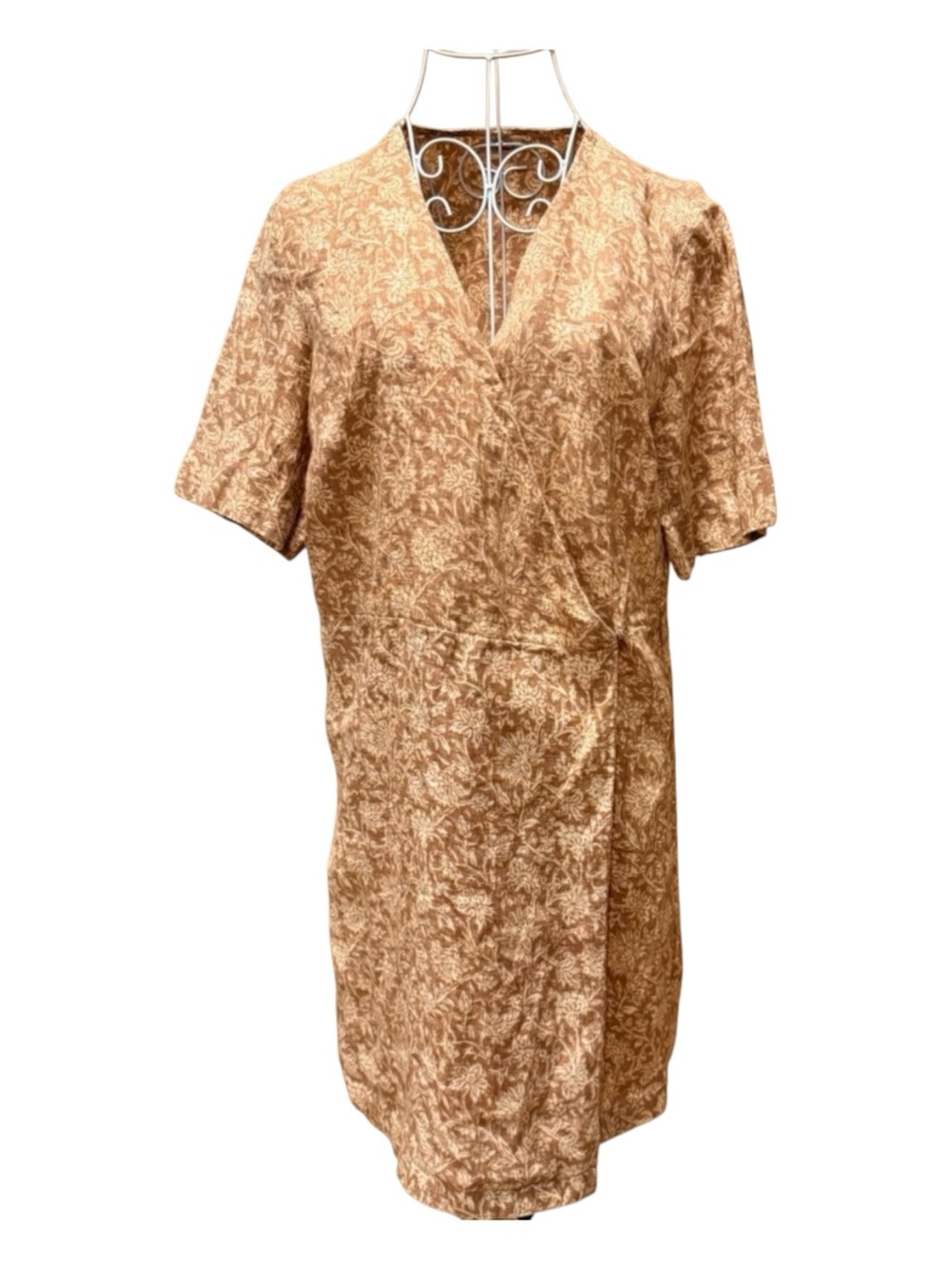 Faherty Ashley 100% Linen Floral Wrap Dress Bronze V-Neck Short Sleeve M